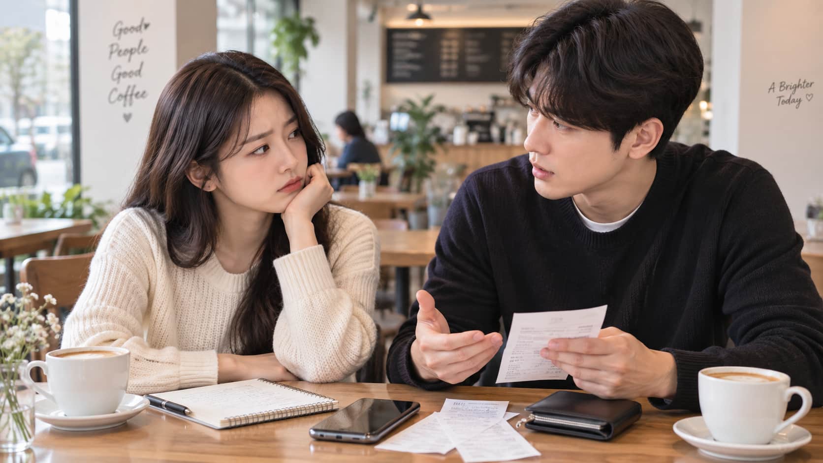 연인 사이 돈문제로 대화하는 커플과 데이트 비용 갈등